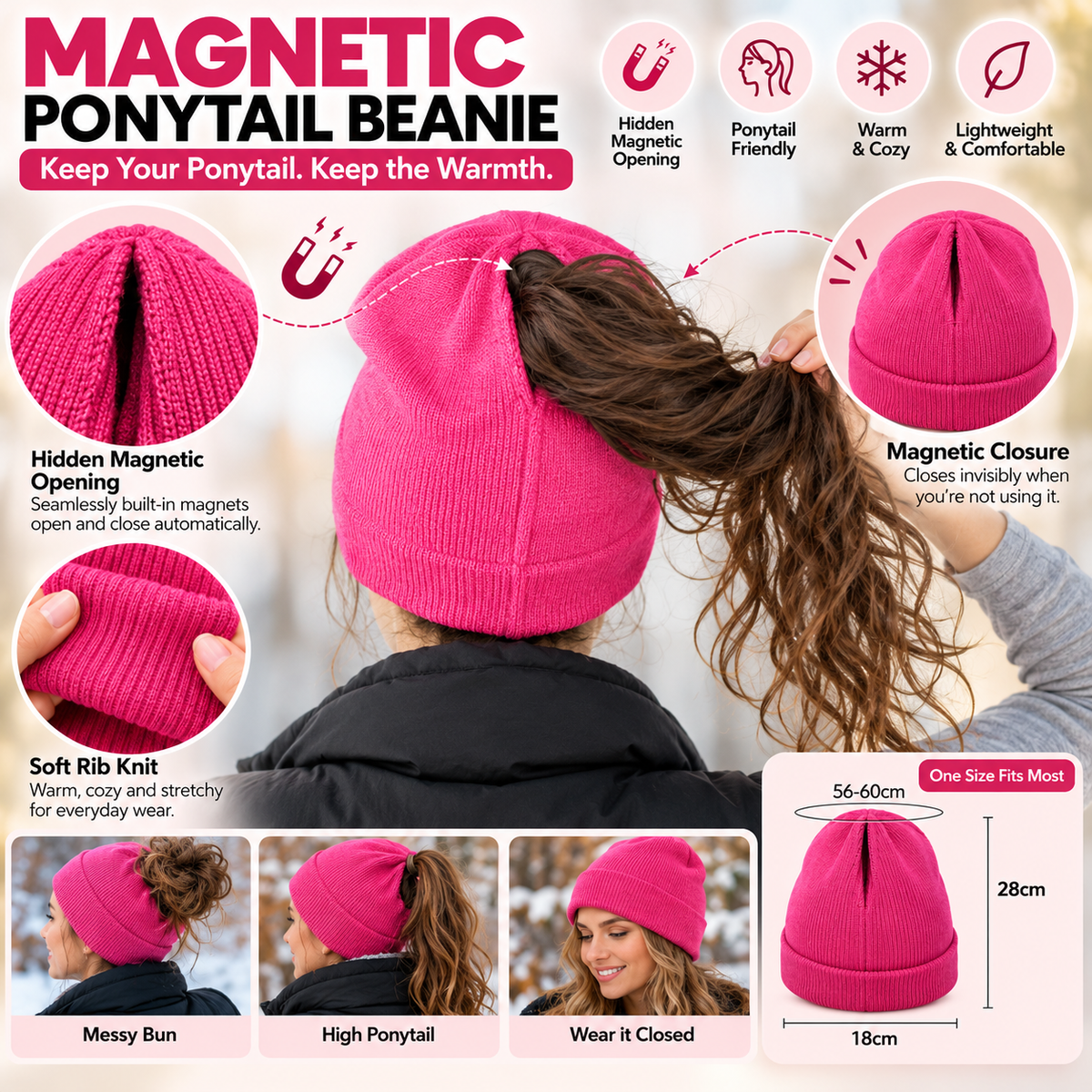 🔥Last Day 50% OFF – 🔥2-in-1-ponytail-beanie-hat-hidden – Hidden Magnetic Closure, No-Zip Winter Knit Hat ❄️