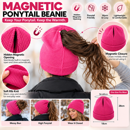 🔥Last Day 50% OFF – 🔥2-in-1-ponytail-beanie-hat-hidden – Hidden Magnetic Closure, No-Zip Winter Knit Hat ❄️