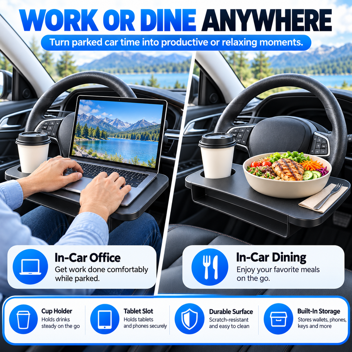 2-in-1 Car Steering Wheel Desk & Seat Gap Organizer – Reversible Laptop Tray and Meal Holder