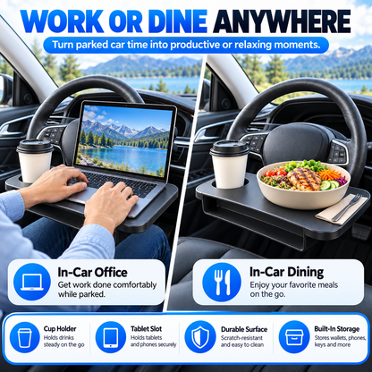 2-in-1 Car Steering Wheel Desk & Seat Gap Organizer – Reversible Laptop Tray and Meal Holder