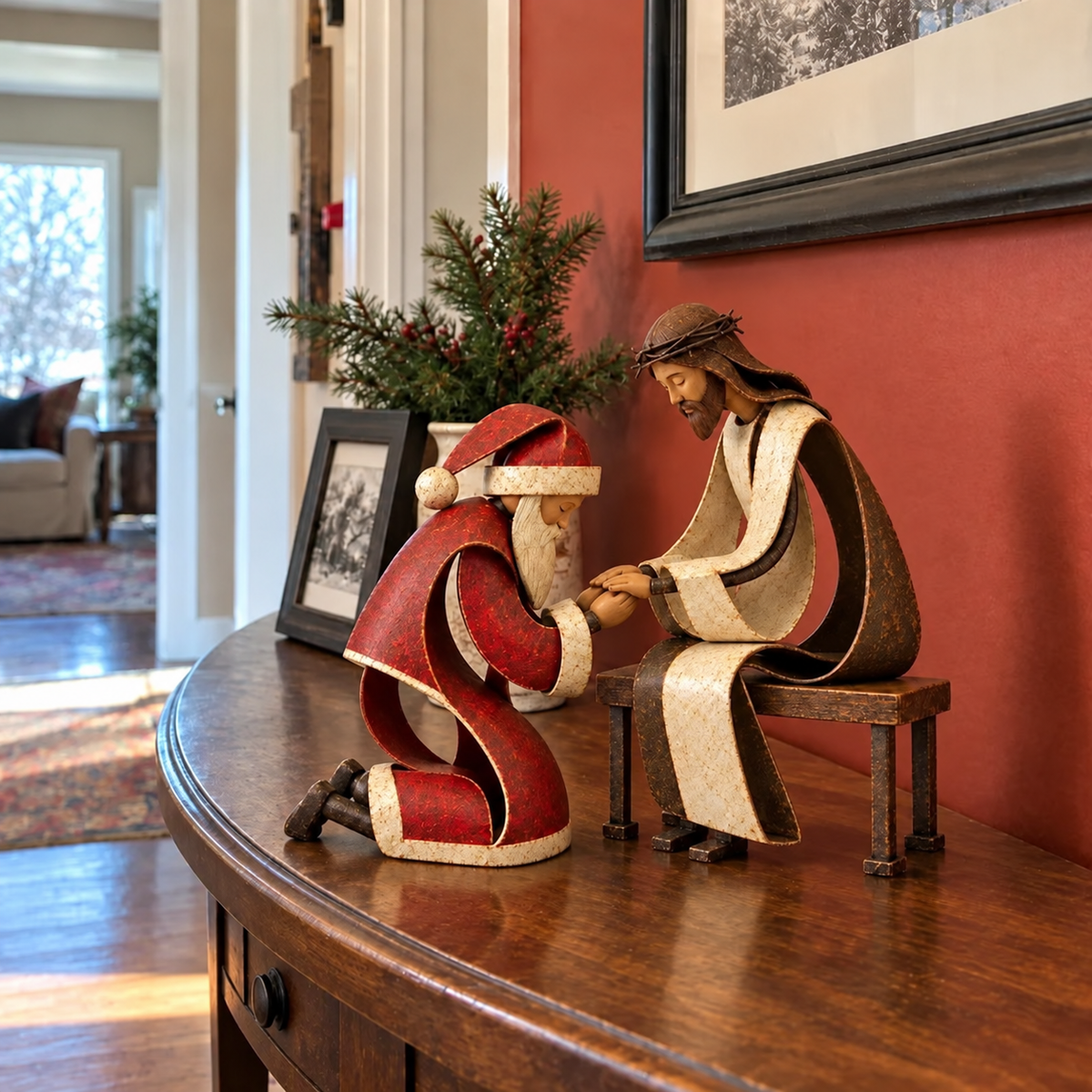 Santa Claus Kneeling Before Jesus Christ Christmas Religious Figurine