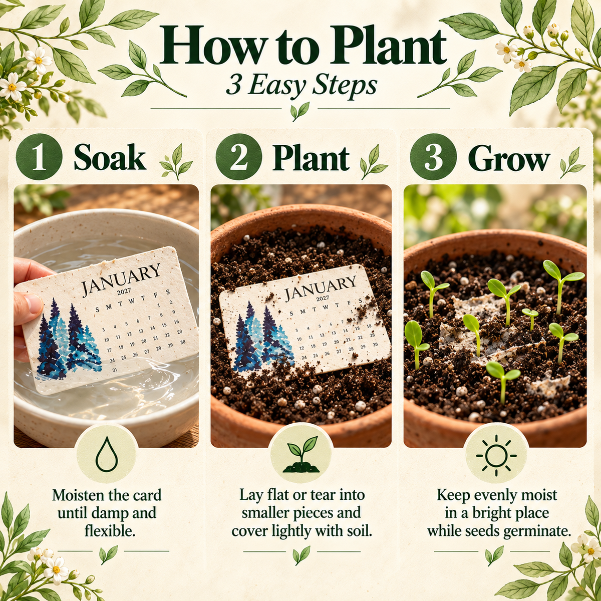 2027 Plantable Seed Paper Calendar With wooden bracket– 12-Month Botanical Desk Calendar, Eco-Friendly Gardening Gift