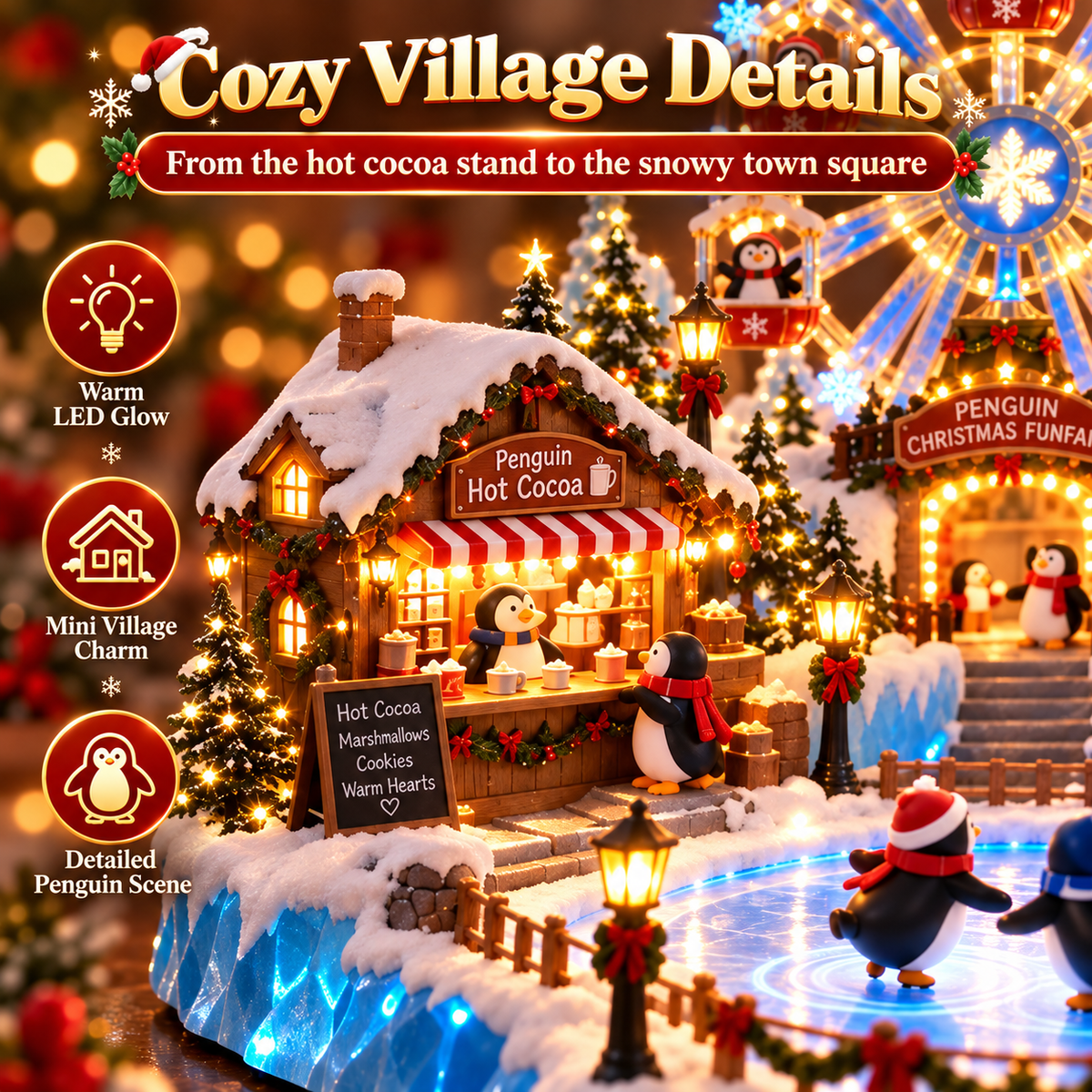 Animated Penguin Christmas Village – Lighted Ferris Wheel & Moving Ice Skaters Tabletop Decor-USB-C Rechargeable