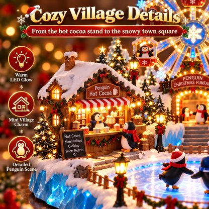 Animated Penguin Christmas Village – Lighted Ferris Wheel & Moving Ice Skaters Tabletop Decor-USB-C Rechargeable