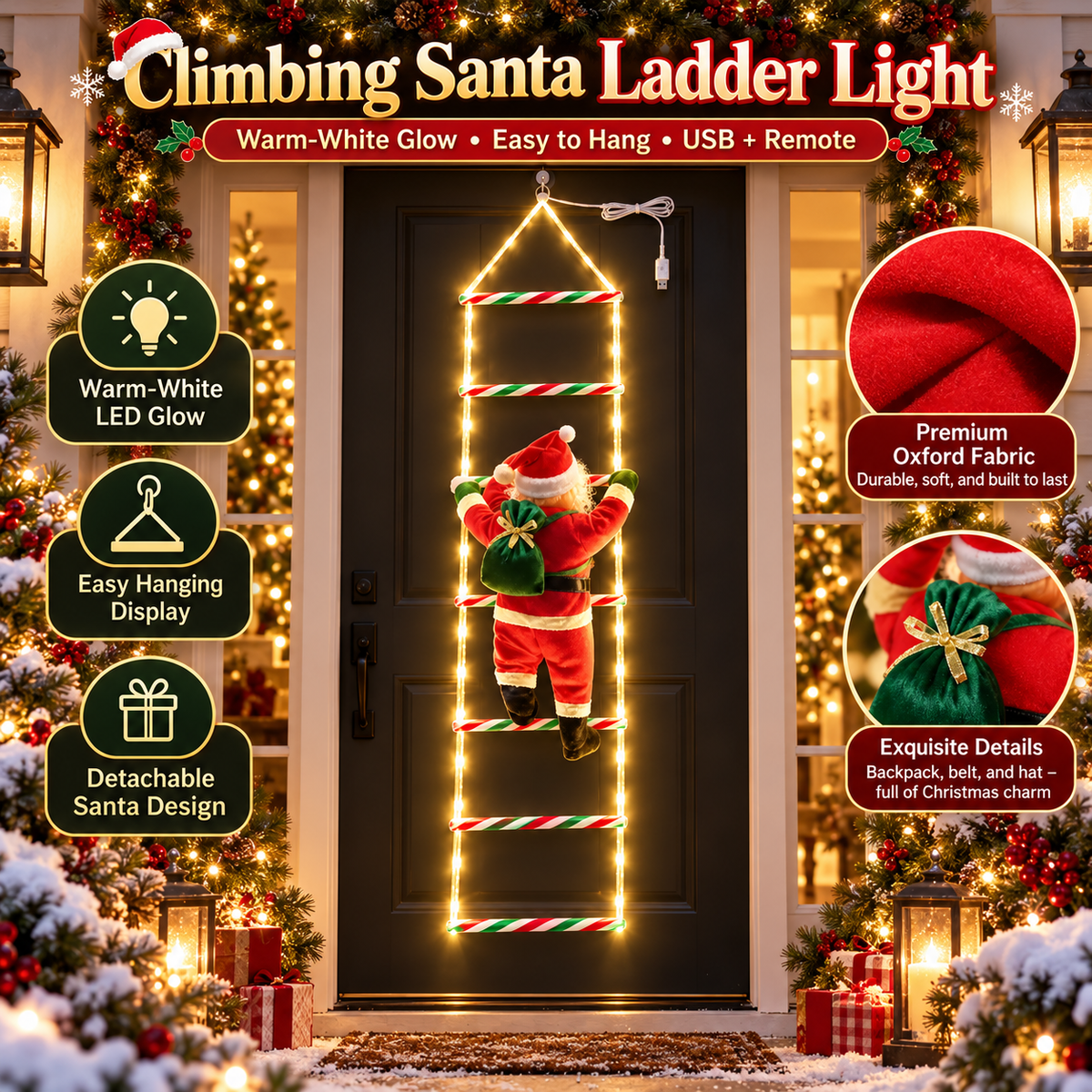 🎅✨ Climbing Santa LED Ladder Lights – USB Christmas Window & Wall Decoration with Remote🎄