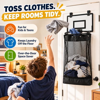 Over-the-Door Basketball Laundry Hamper – Space-Saving Mesh Clothes Basket with Hoop & Bottom Zipper