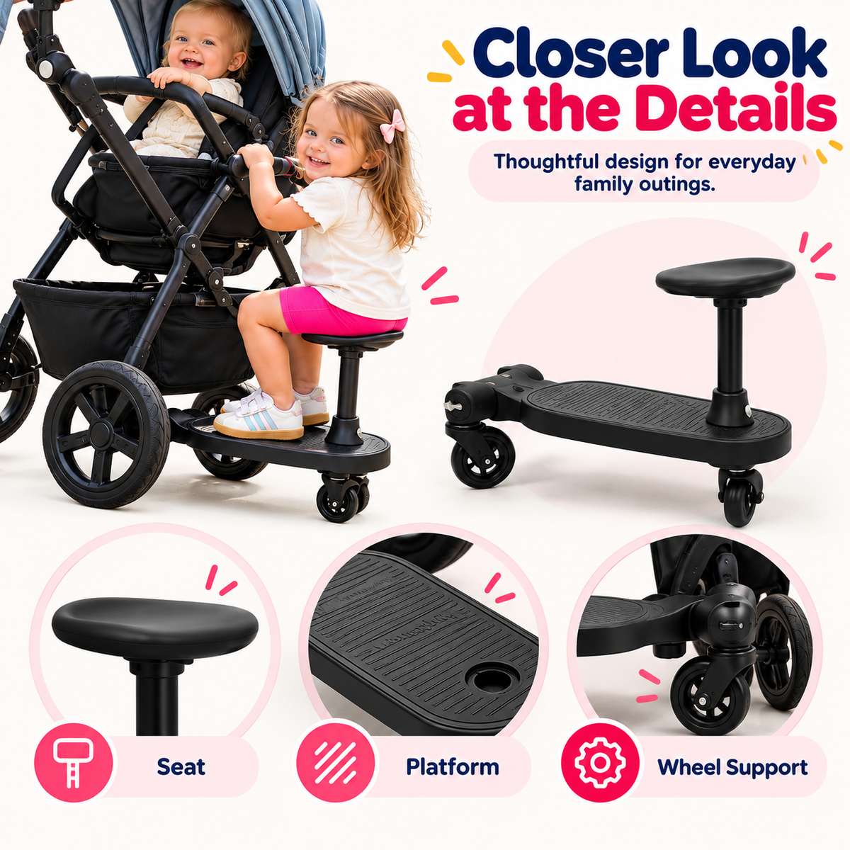 Stroller Riding Board with Seat – 2-in-1 Toddler Sit & Stand Platform