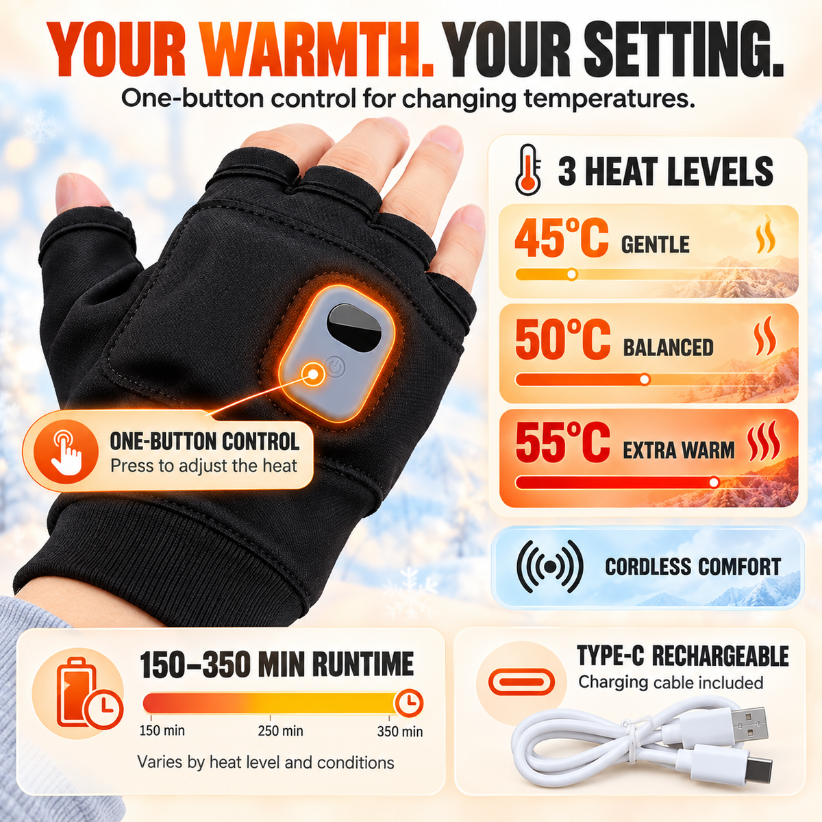 🔥Last Day 50% OFF-USB Heated Fingerless Gloves with Digital Temperature Display – Winter Hand Warmers