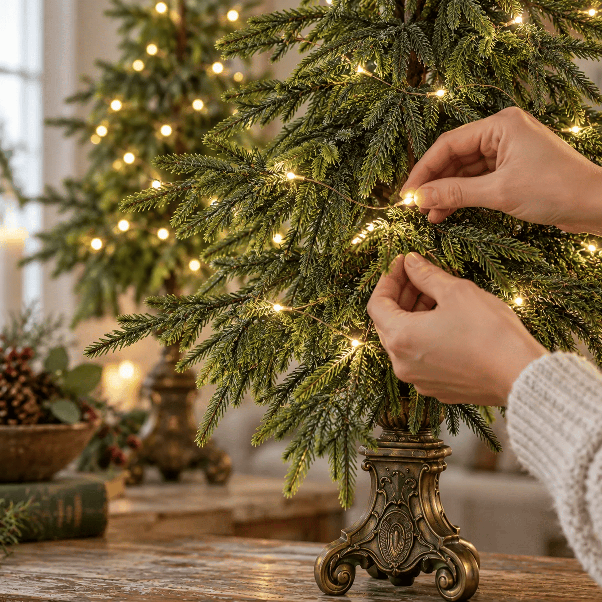 Vintage Lighted Norfolk Pine Trees – Warm White LED Christmas Tabletop Decor, 12″ & 18″