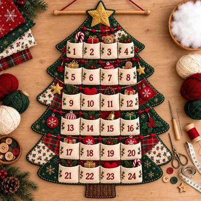 🎄🧵DIY Christmas Advent Calendar Sewing Kit – 24-Pocket Patchwork Quilted Wall Hanging, Handmade Countdown Holiday Decor, 5 Designs