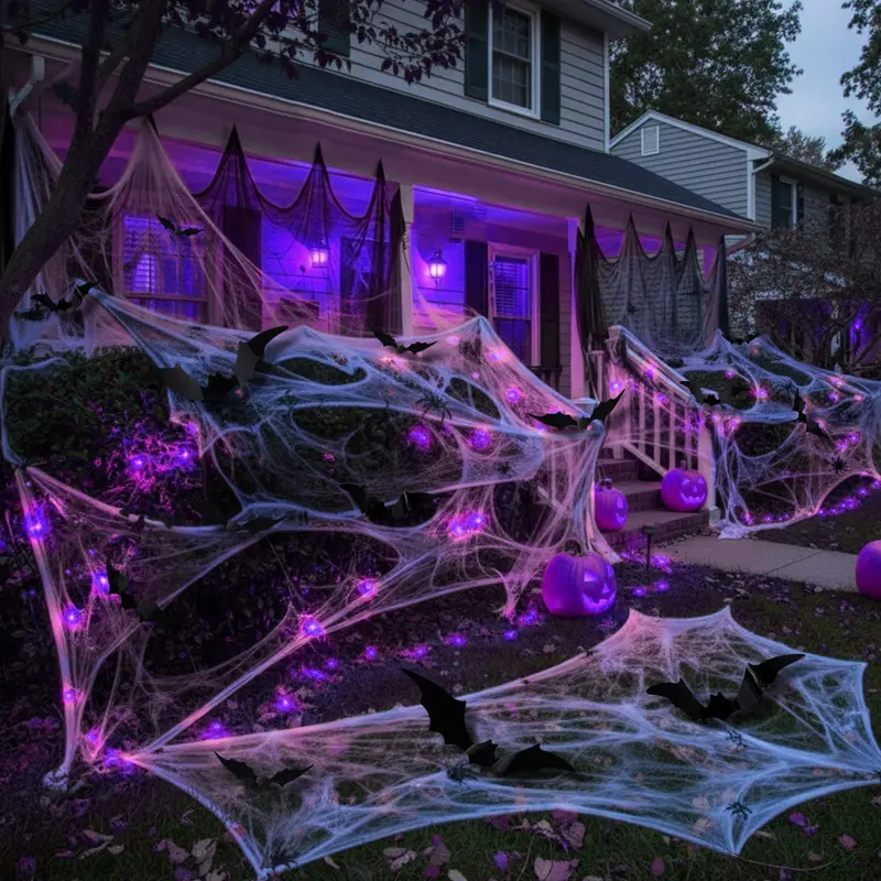 Halloween Spider Web Decorations with 32FT String Lights, 300 sqft Stretch Cobwebs, Black Creepy Cloth, Fake Bats and Spiders for Indoor Outdoor Yard Doorway Entryway Decor