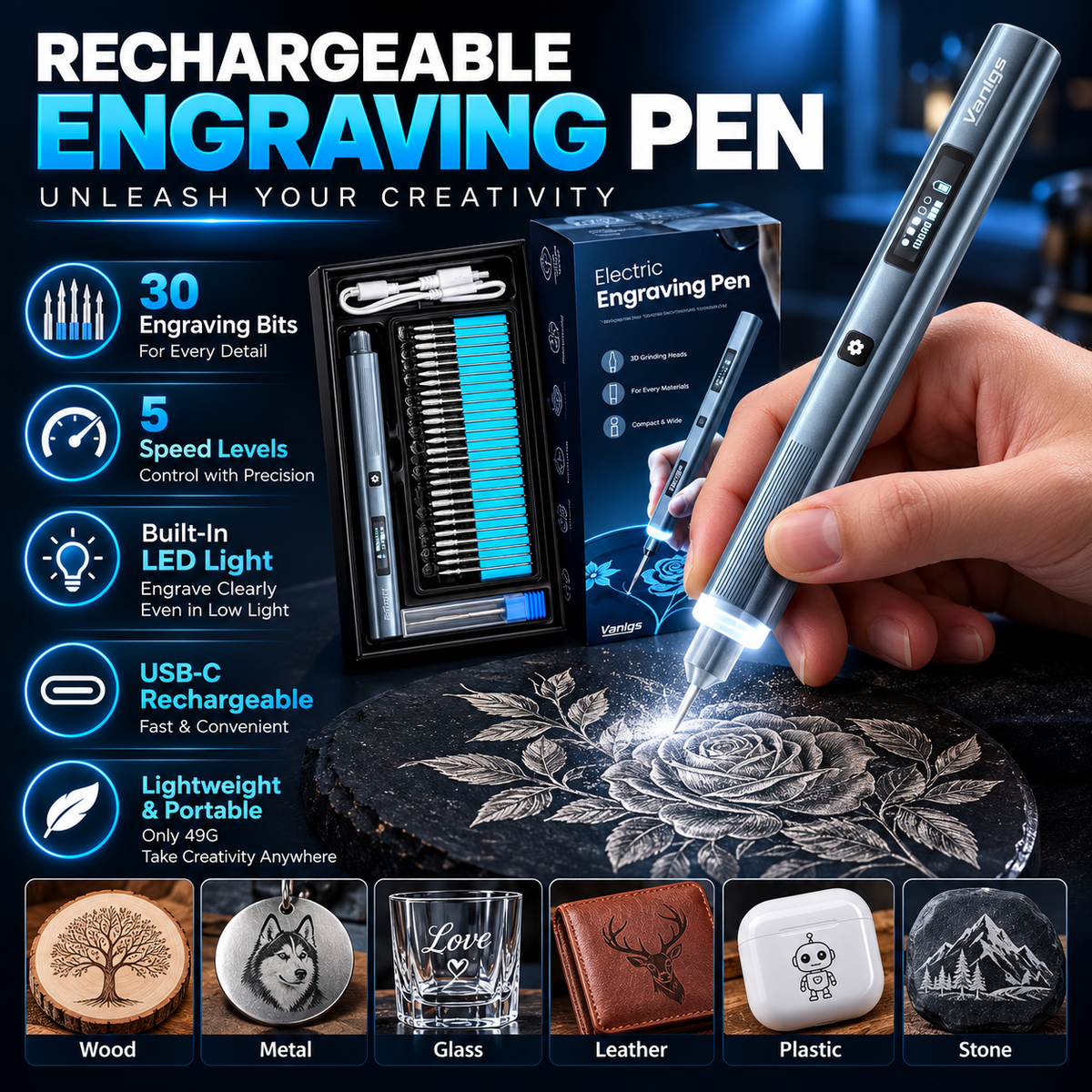 Vanlgs Cordless Engraving Pen Kit – 5-Speed Rechargeable Electric Engraver with LED Light & 30 Engraving Bits for DIY Gifts
