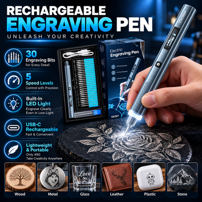Vanlgs Cordless Engraving Pen Kit – 5-Speed Rechargeable Electric Engraver with LED Light & 30 Engraving Bits for DIY Gifts