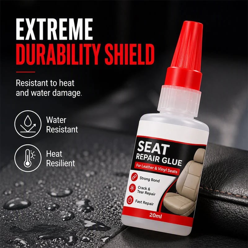 20ml seat repair glue bottle with product illustration describing water resistance and heat resilience