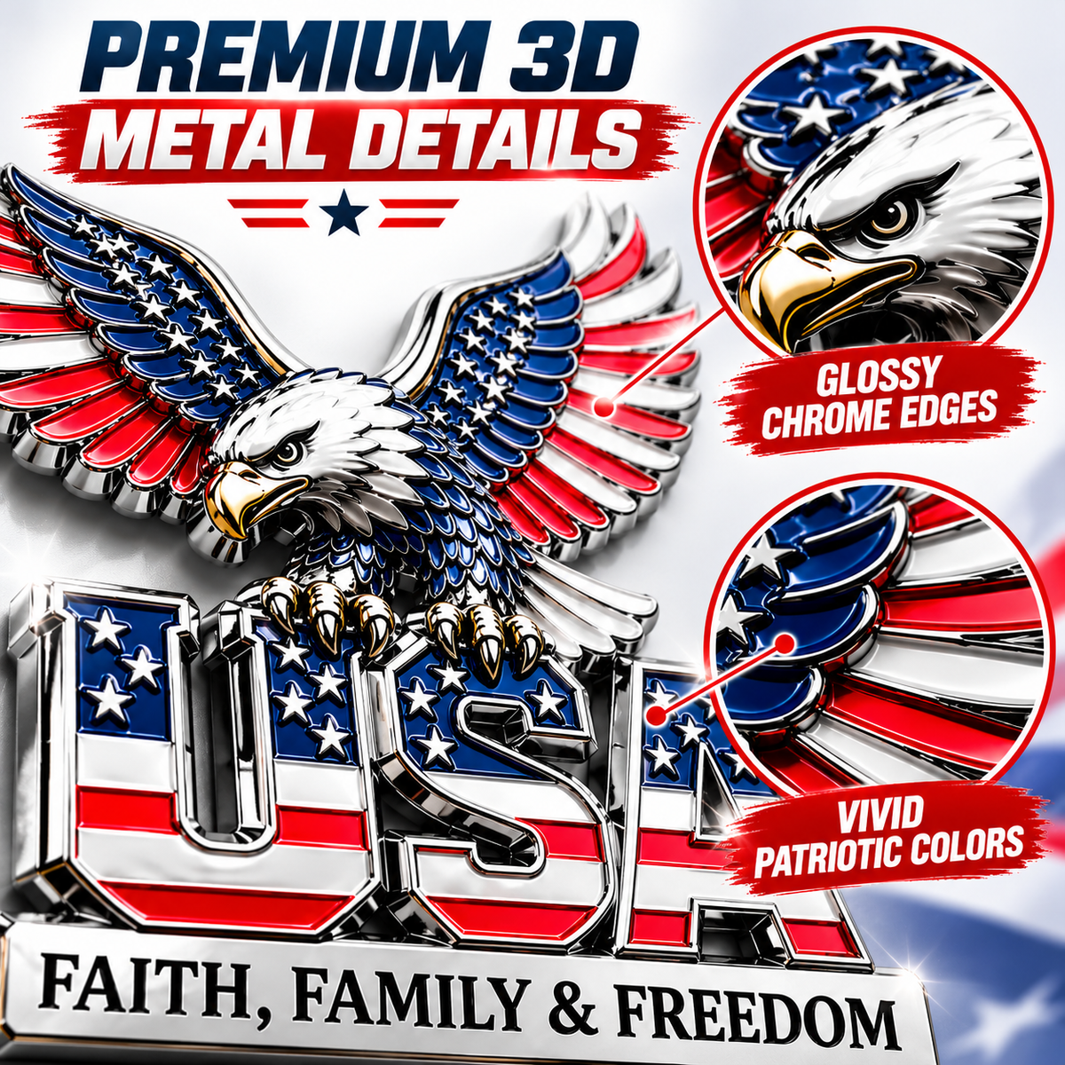 Eagle USA 3D Patriotic Car Decal – American Bald Eagle Metal Sticker, Faith Family & Freedom