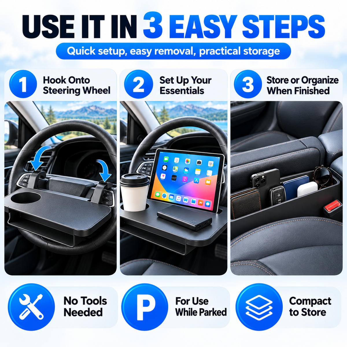 2-in-1 Car Steering Wheel Desk & Seat Gap Organizer – Reversible Laptop Tray and Meal Holder