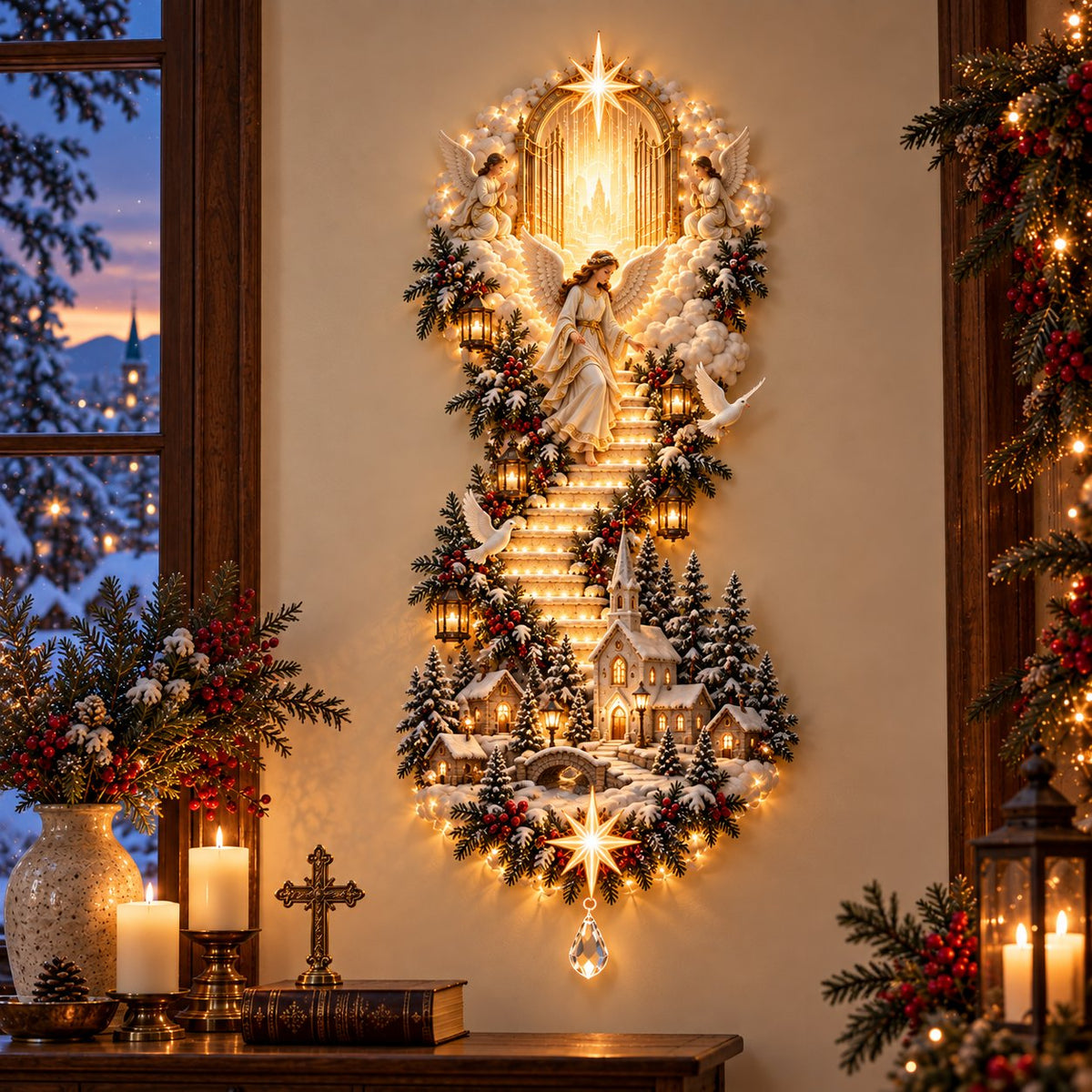 ✝️✨Jesus Light of Heaven Christmas Wall Hanging – Illuminated Nativity Scene Stairway & Holiday Wall Decor