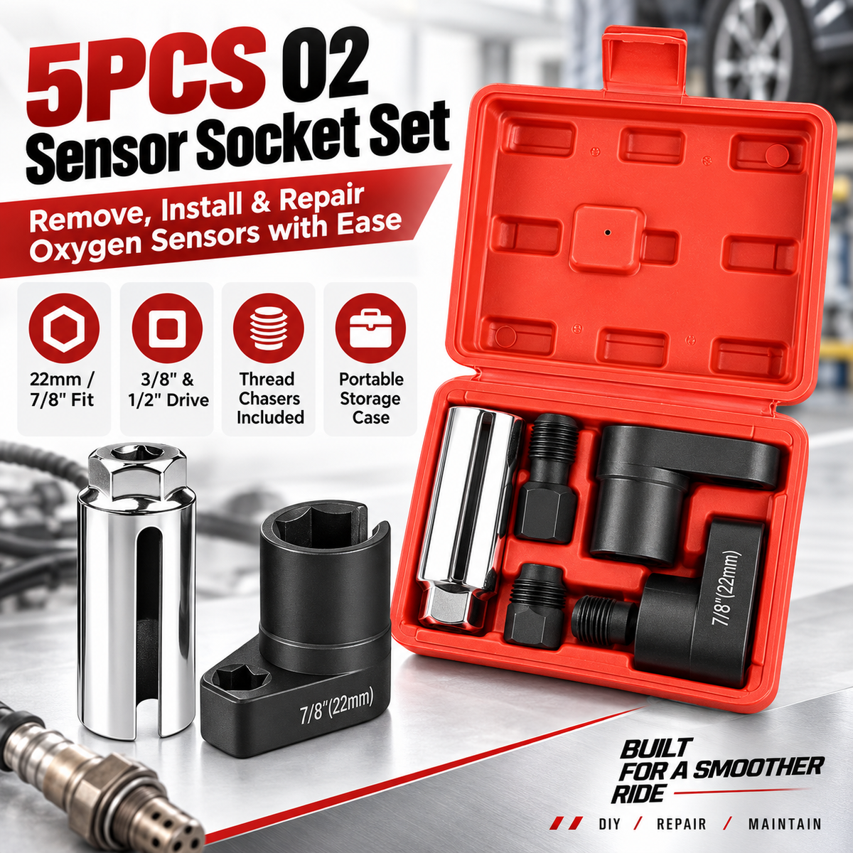 Hot sales🔥5-Piece O2 Sensor Socket & Thread Chaser Set – 22mm / 7/8", 3/8" & 1/2" Drive Oxygen Sensor Removal Tool Kit