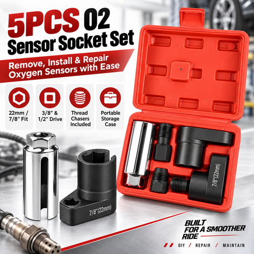 Hot sales🔥5-Piece O2 Sensor Socket & Thread Chaser Set – 22mm / 7/8", 3/8" & 1/2" Drive Oxygen Sensor Removal Tool Kit