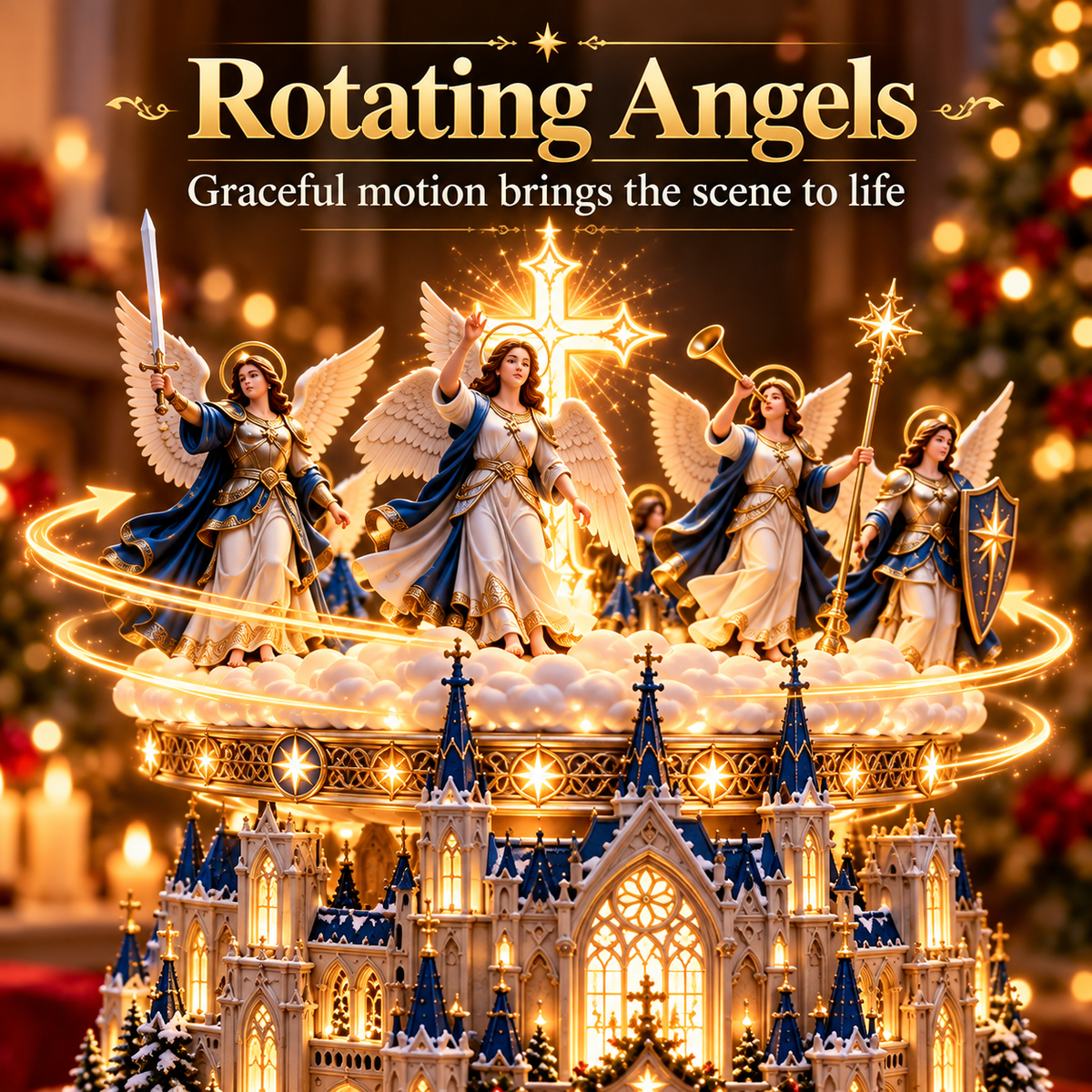 Rotating Angel Nativity Christmas Village – Lighted Cathedral & Holy Family Tabletop Decor-USB-C Rechargeable