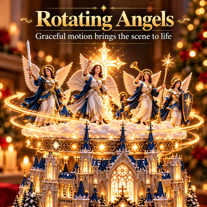 Rotating Angel Nativity Christmas Village – Lighted Cathedral & Holy Family Tabletop Decor-USB-C Rechargeable