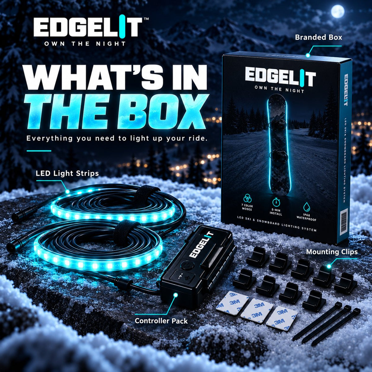🏂LED Snowboard Edge Light Kit – 7 Colors, Remote Control & Rechargeable Night-Riding Lights✨