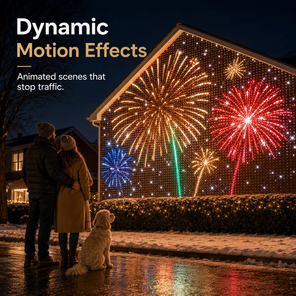 Colorful firework-style animated LED wall display