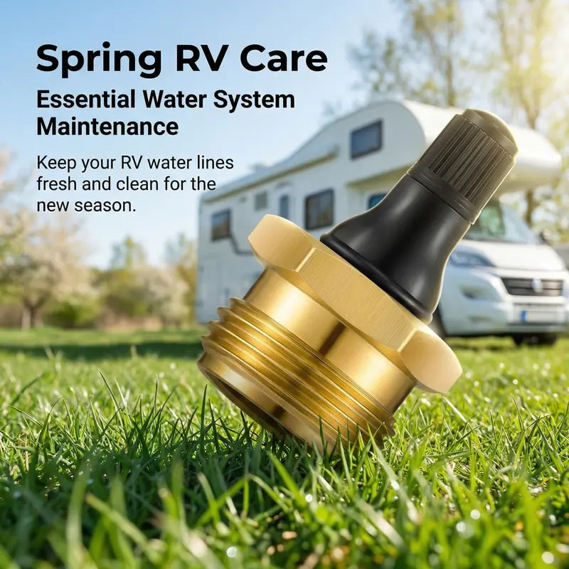 Brass RV Blowout Plug with Air Valve – Water Line Winterizing & Maintenance Adapter