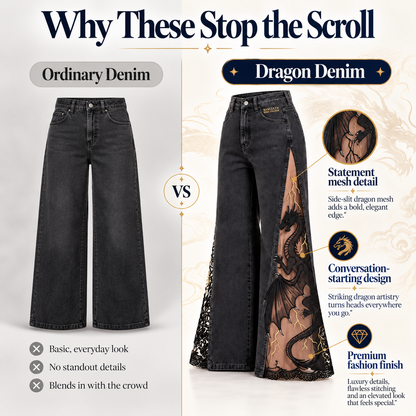 Dragon Mesh-Panel Wide-Leg Jeans – High-Waisted Fantasy Denim