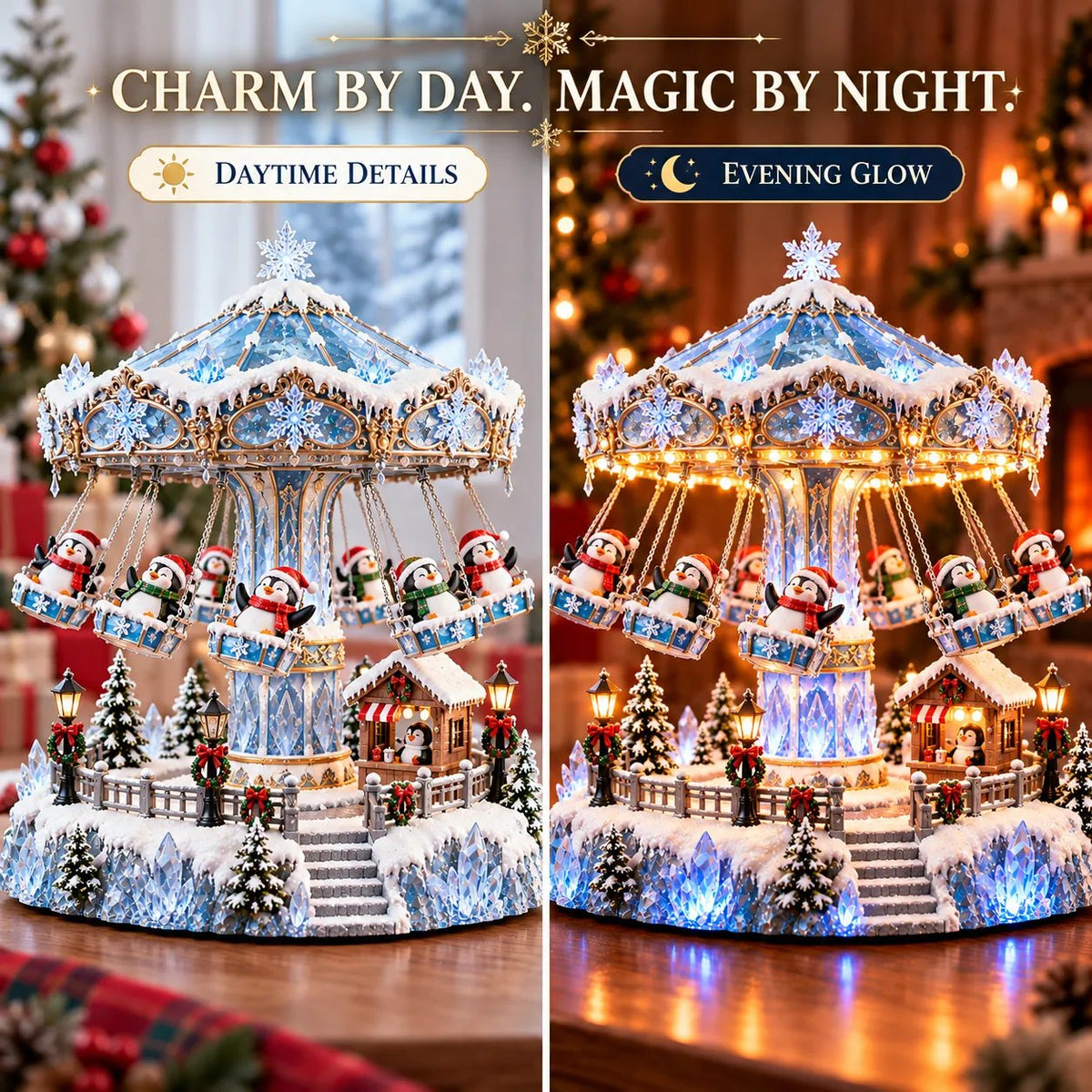 🔥Last day 50% OFF 🐧 Lighted Rotating Penguin Christmas Carousel – Musical Winter Wonderland Tabletop Holiday Decoration