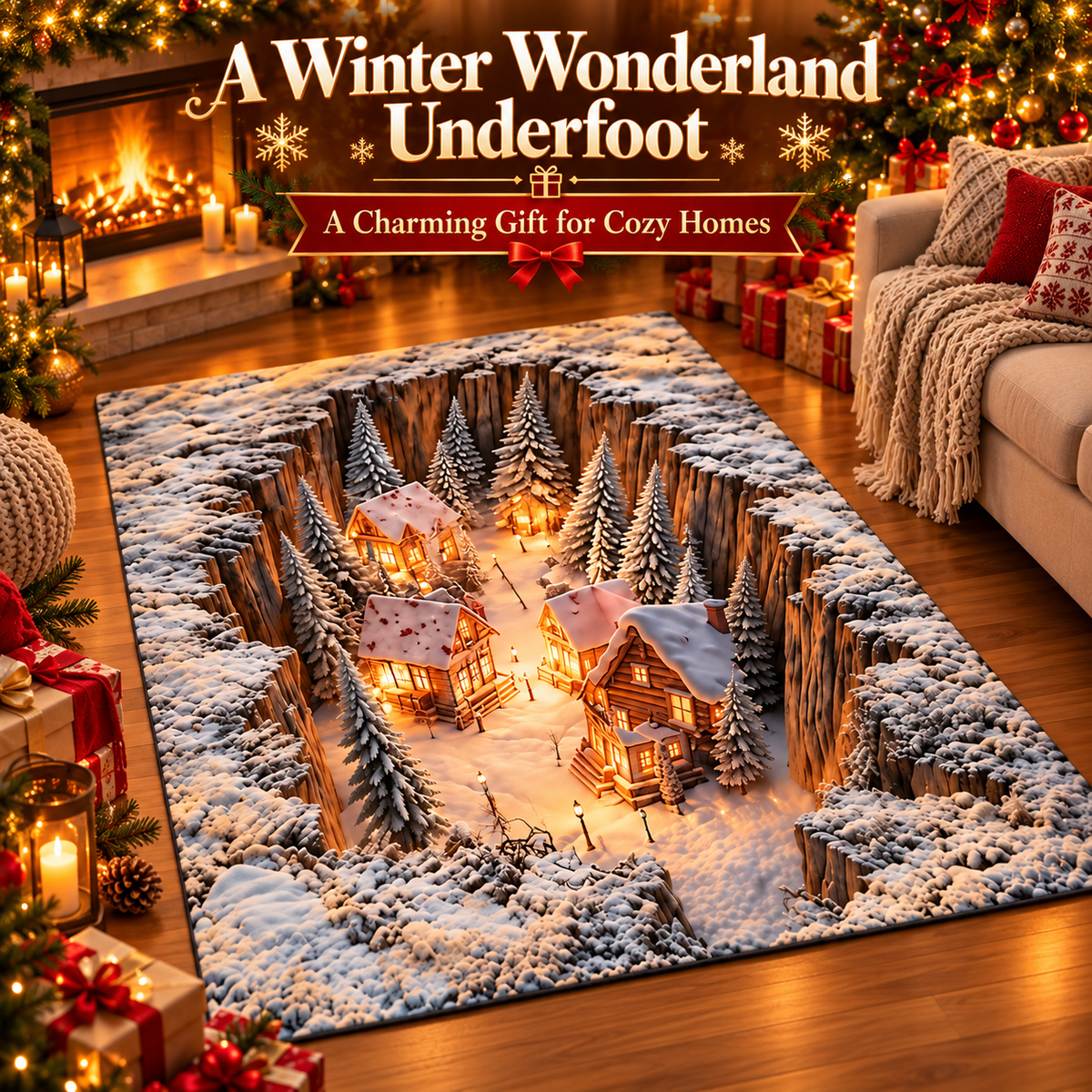 3D Winter Village Christmas Rug – Snowy Canyon Village Illusion Area Rug for Cozy Holiday Home Decor