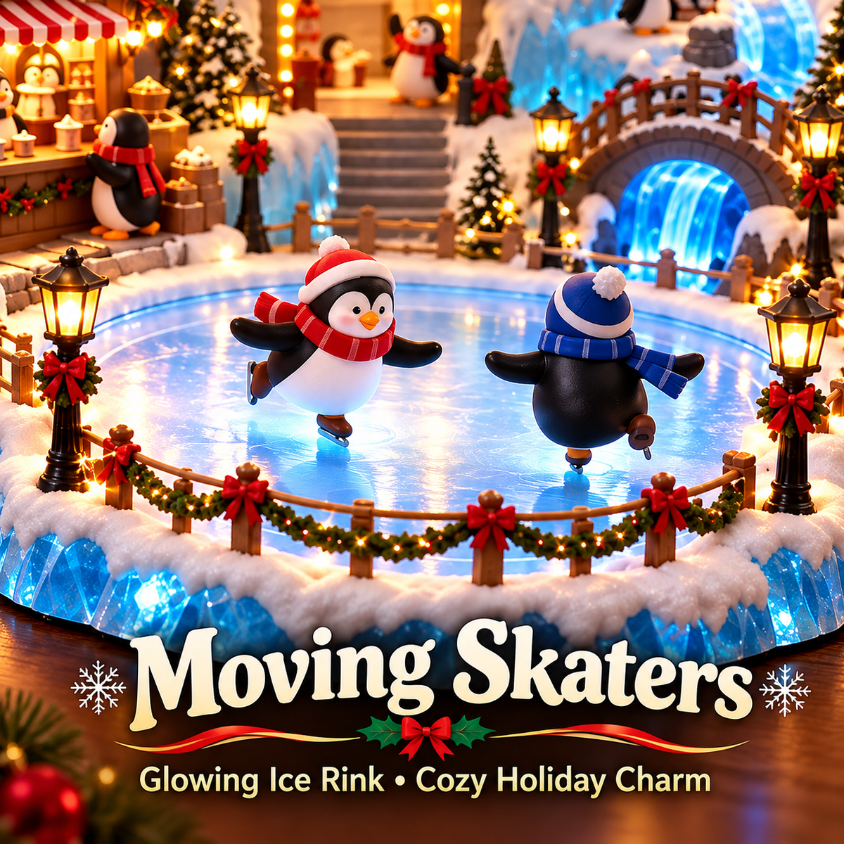 Animated Penguin Christmas Village – Lighted Ferris Wheel & Moving Ice Skaters Tabletop Decor-USB-C Rechargeable