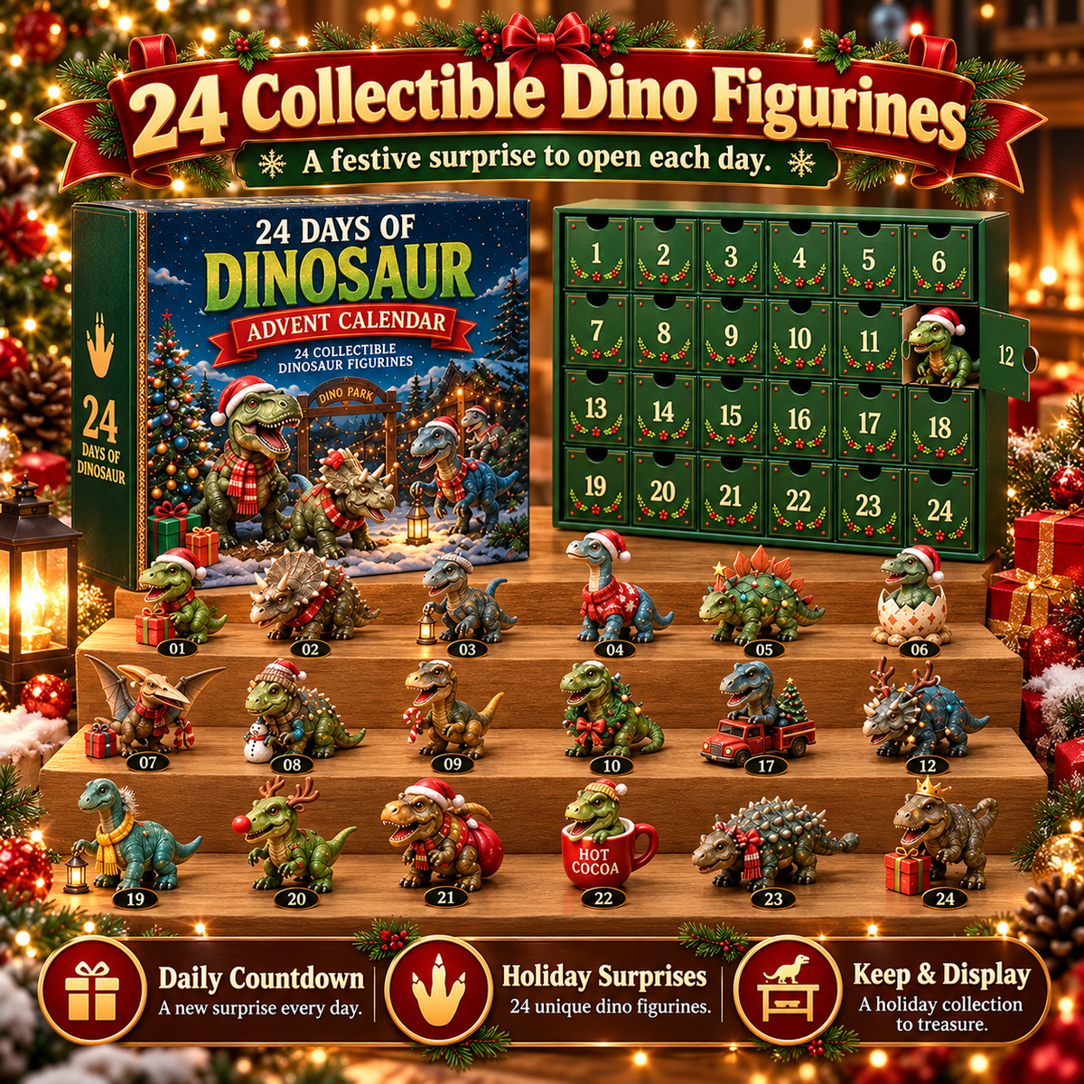 🦖🎅🎄24 Days of Dinosaur Christmas Advent Calendar – 24 Collectible Dino Figurines & Holiday Surprises