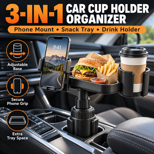🔥Free Shipping🔥 3 in 1 Multifunctional Car Cup Holder Phone Mount with Tray and Storage Organizer