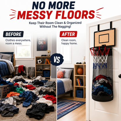 🔥Last Day 50% OFF-Over-the-Door Basketball Hoop Laundry Hamper – Fun Hanging Clothes Basket with Easy-Empty Zipper