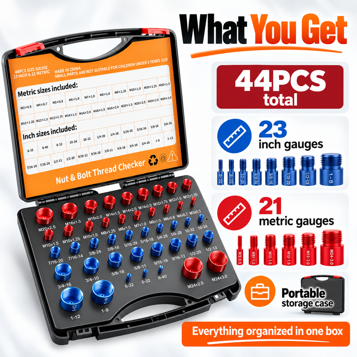 26/44-Piece Nut & Bolt Thread Checker Set – Metric & SAE Thread Gauge with Portable Carrying Case