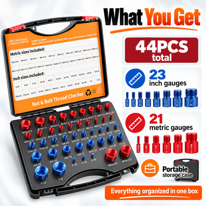 26/44-Piece Nut & Bolt Thread Checker Set – Metric & SAE Thread Gauge with Portable Carrying Case