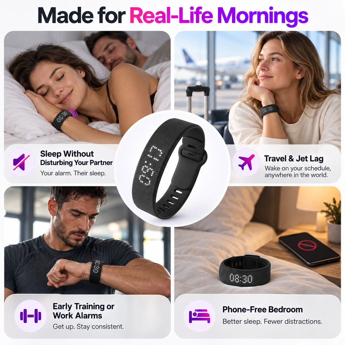Silent Vibration Wrist Alarm – Wearable Wake-Up Alarm with 2 Vibration Levels, 3 Alarms & 14+ Day Battery