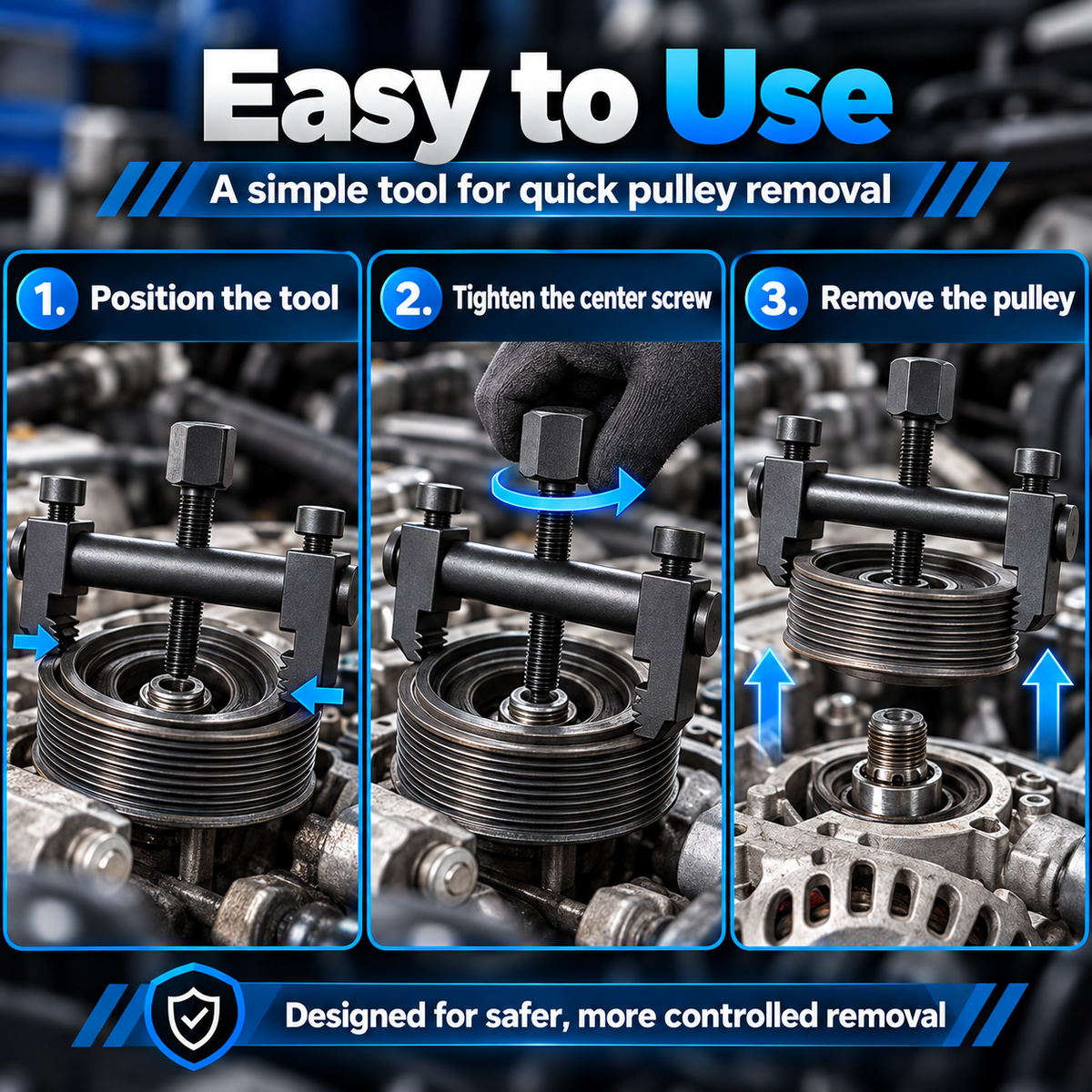 Adjustable Ribbed Pulley Puller – Low-Profile Crankshaft, Alternator, A/C & Water Pump Removal Tool