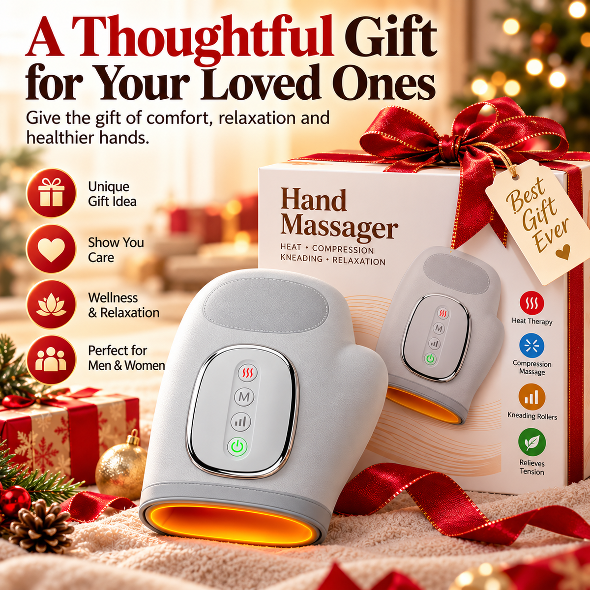 Rechargeable Hand Massager with Heat & Compression – Cordless Finger, Palm & Wrist Massager, Thoughtful Gift for Mom