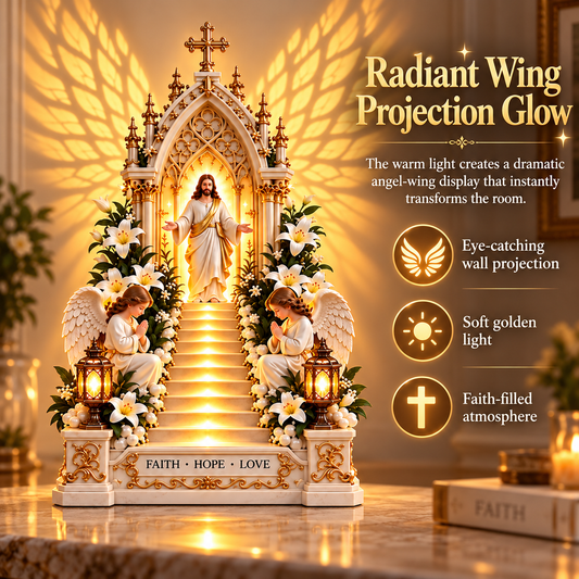 Jesus Stairway Angel Wing Projection Light – Faith Hope Love Illuminated Christian Tabletop Decor