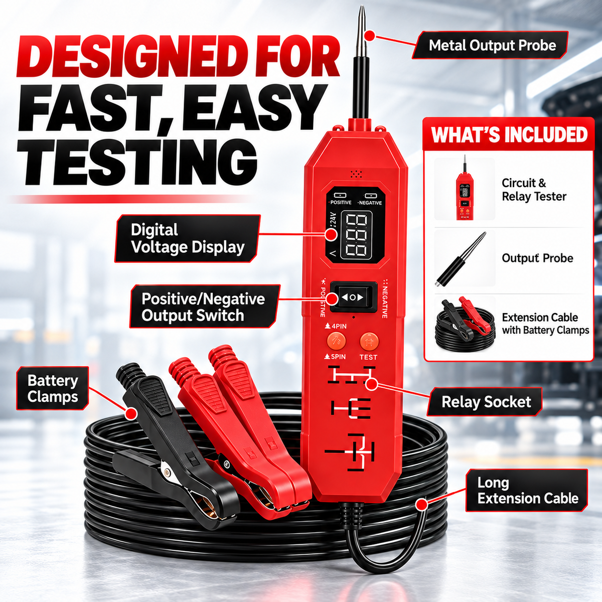 Automotive Circuit & Relay Tester – 12V/24V Electrical Diagnostic Power Probe with Voltage, Polarity, Continuity & Short-Circuit Testing