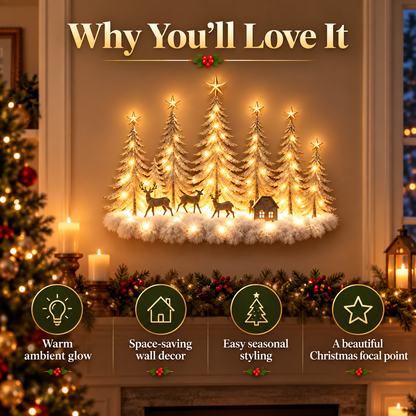 🌲 Lighted Winter Woodland Forest Wall Decor – Warm LED Christmas Tree, Deer & Cottage Scene