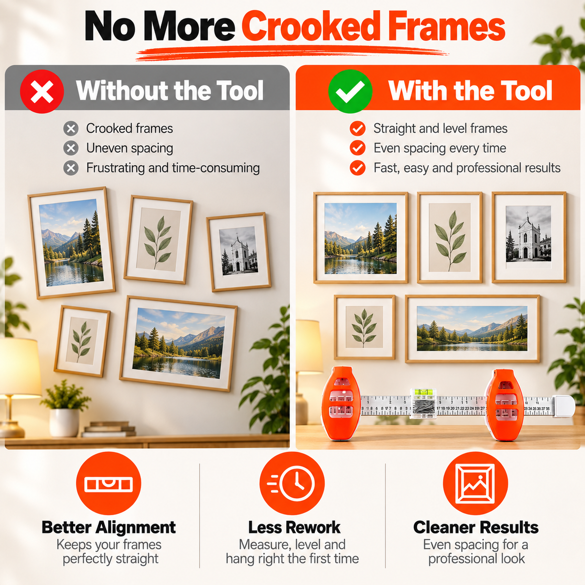 All-in-One Picture Hanging Tool with Level & Ruler – Dual Nail Positioning Frame Alignment Guide