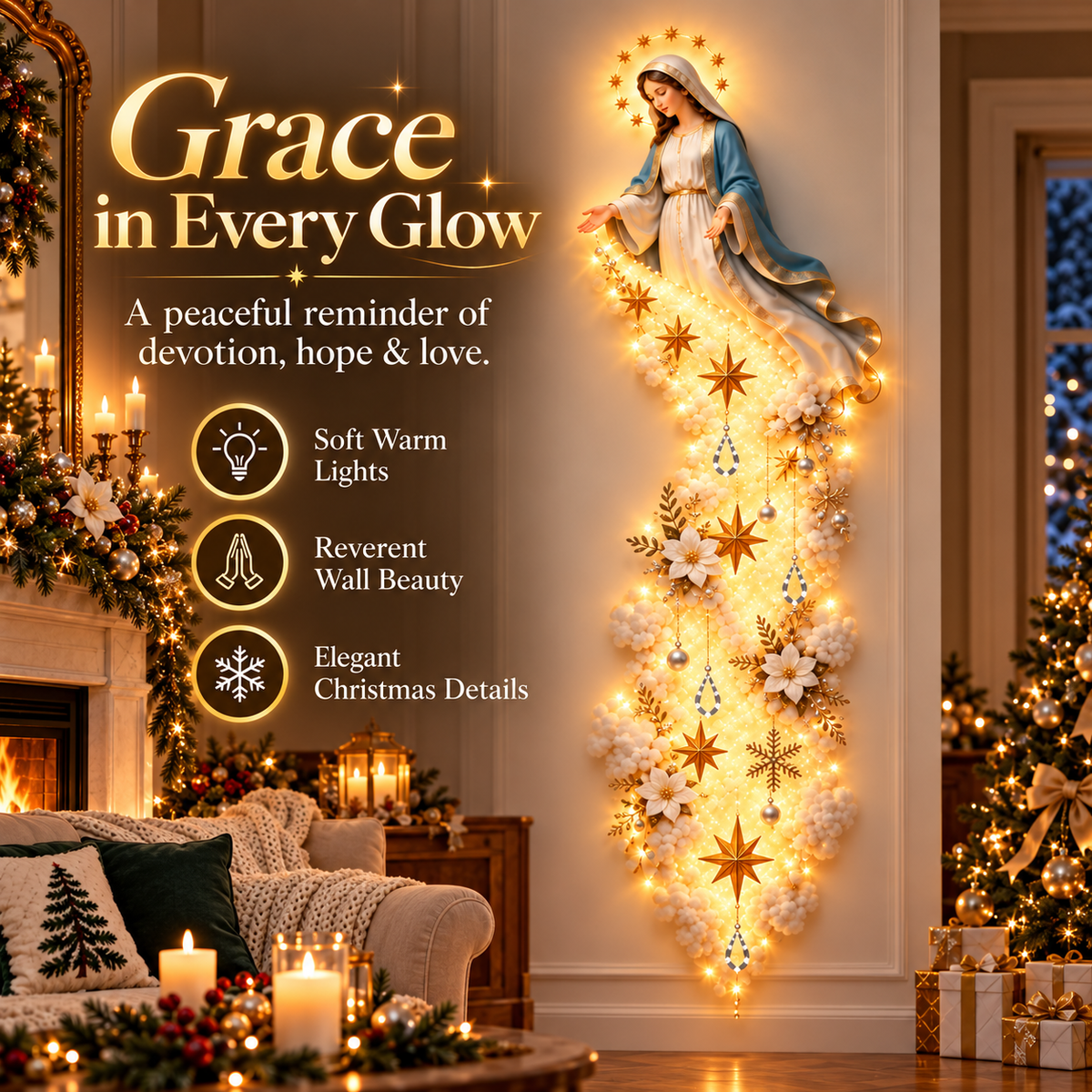 Blessed Mary Cloud Trail Wall Light – Lighted Faith-Inspired Christmas Wall Decor
