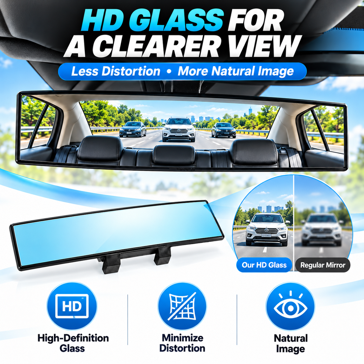 12-Inch HD Convex Panoramic Rearview Mirror – Clip-On Wide-Angle Car Mirror with Anti-Glare Glass & Anti-Slip Clips