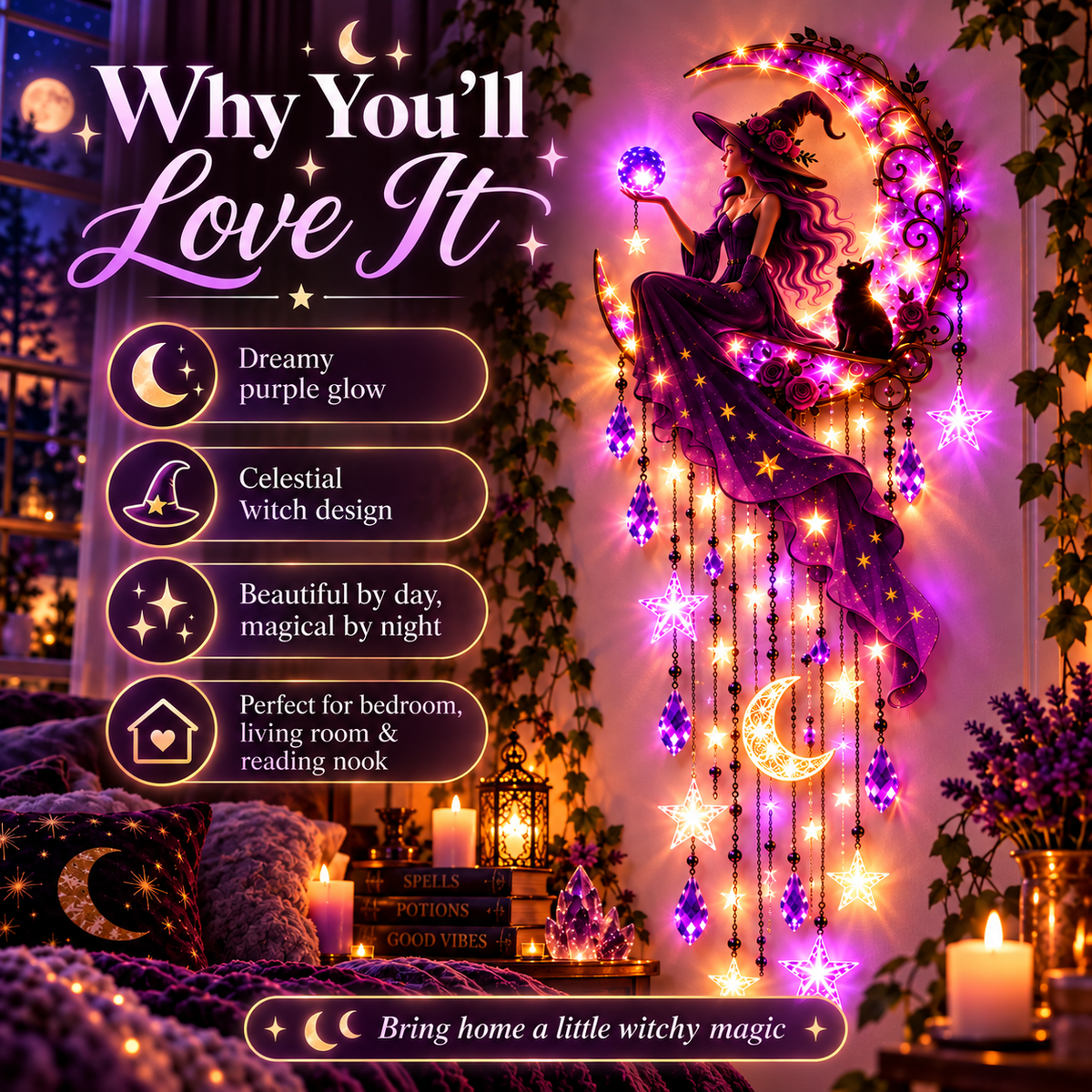Witch Moon Starfall Wall Light – Purple Celestial Witch Decor with Crescent Moon, Stars & Crystal Accents