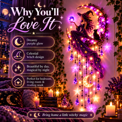Witch Moon Starfall Wall Light – Purple Celestial Witch Decor with Crescent Moon, Stars & Crystal Accents