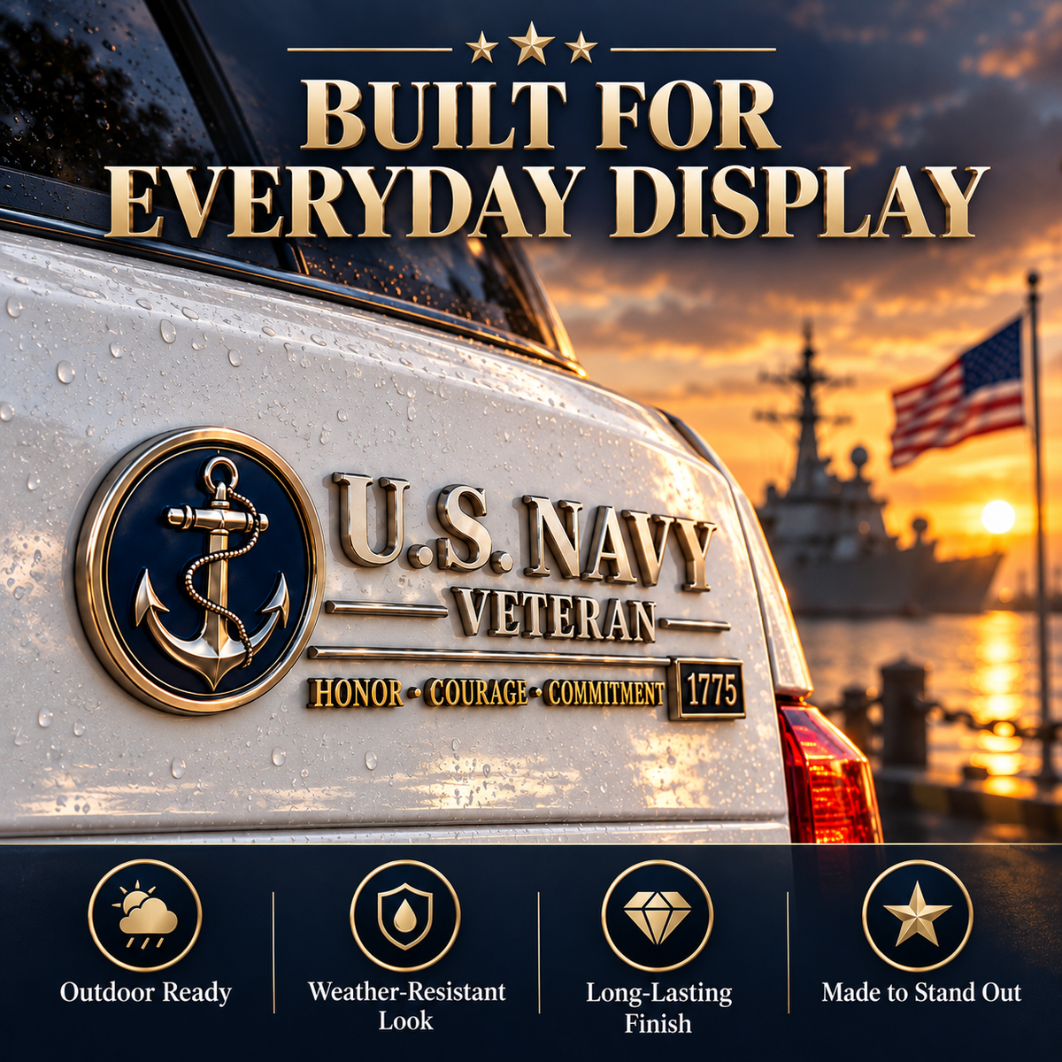 U.S. Navy Veteran Metal Car Emblem – 3D Adhesive Badge, No-Drill Military-Inspired Car & Truck Decoration