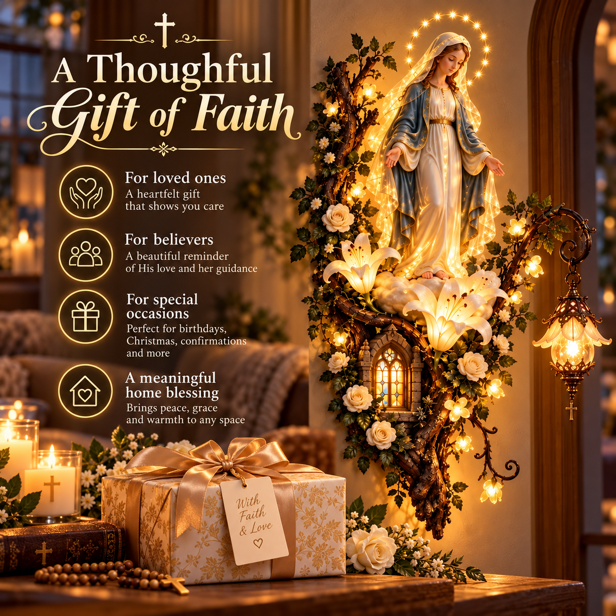 Blessed Mother Lighted Wall Décor – Virgin Mary 3D Religious Wall Art with Warm Ambient Glow & Floral Details